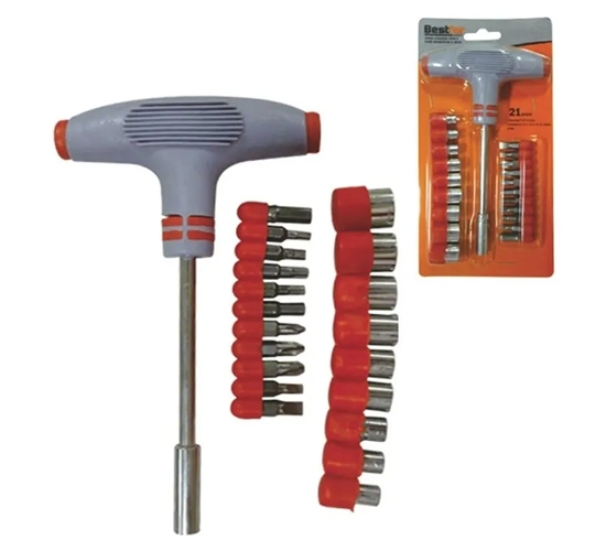 JOGO CHAVE TIPO T COM SOQUETES E BITS 21 PÇS